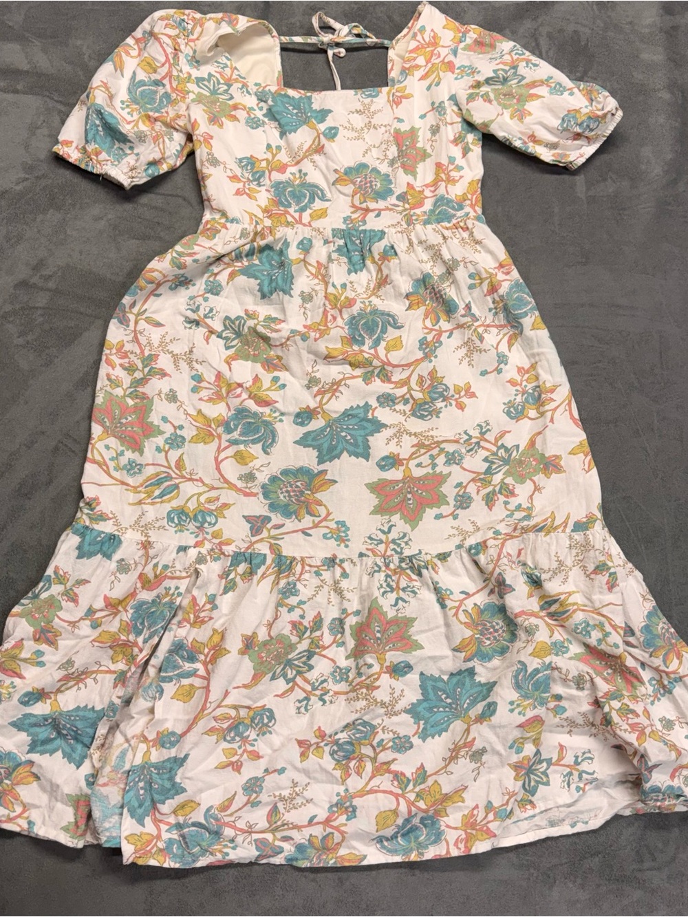 Japna Linen Blend Cream Midi Dress with Teal, Pink and Yellow Floral Print